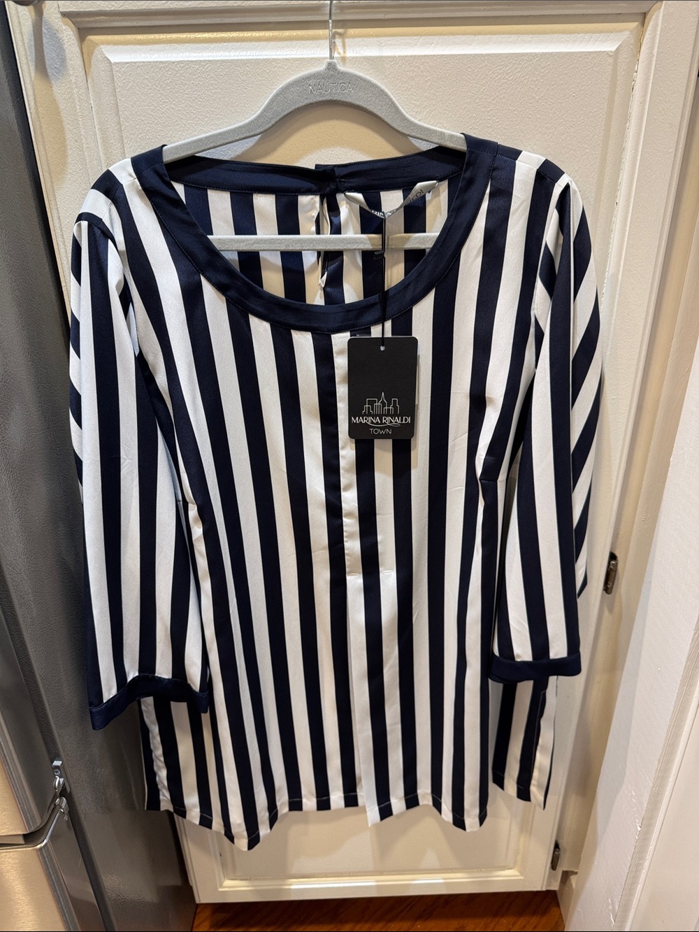 Marina Rinaldi Navy and White Vertical Stripe silk Long Sleeve Top